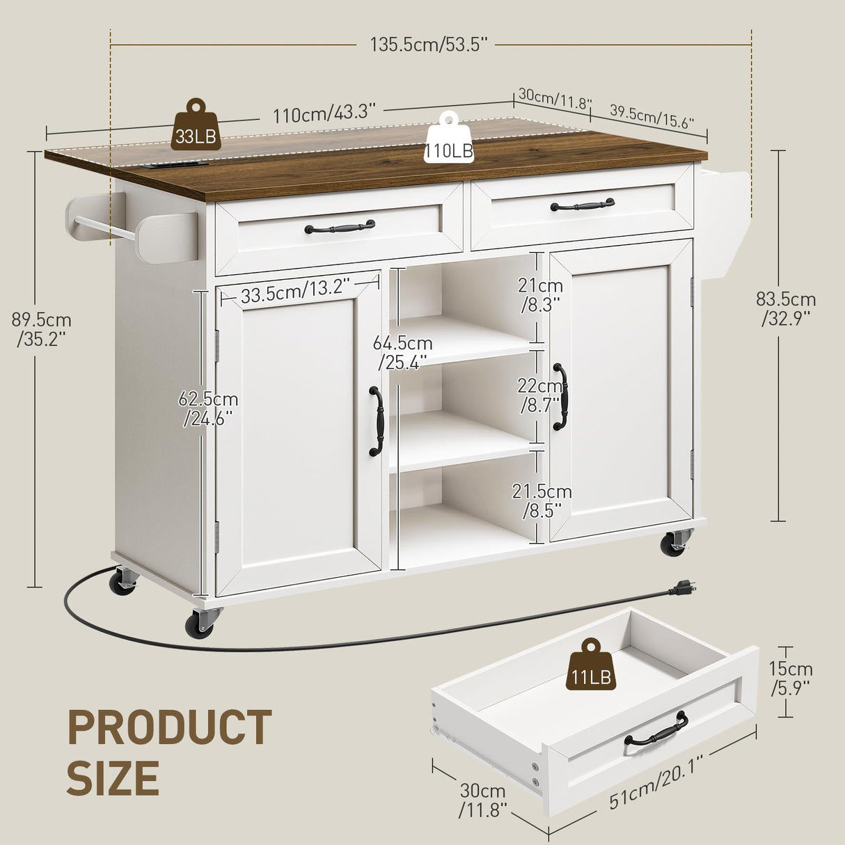 RALGEND Kitchen Island with Power Outlets & Drop Leaf, Kitchen Cart with Storage, Drawer and Spice Rack, Tower Rack, Island Table, White and Walnut RALGEND