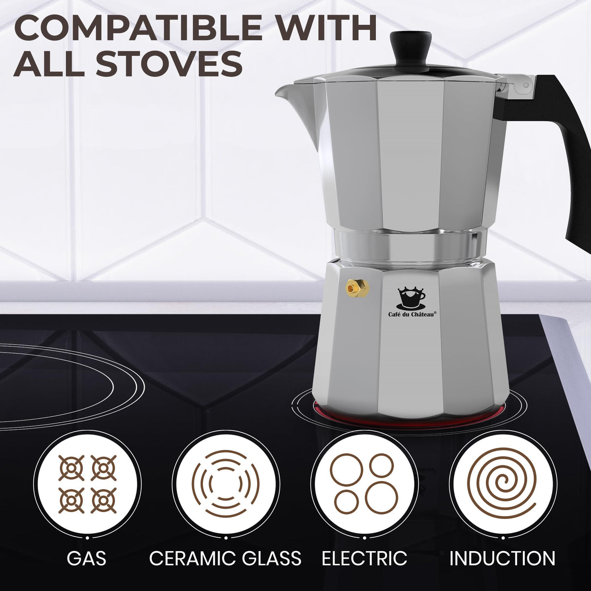 Cafe Du Chateau Espresso Maker (6 cup) Transparent Top Lid, High Gloss Finish, with Coffee Clip Spoon - Coffee Percolator, Camping Coffee Pot Cafe Du Chateau