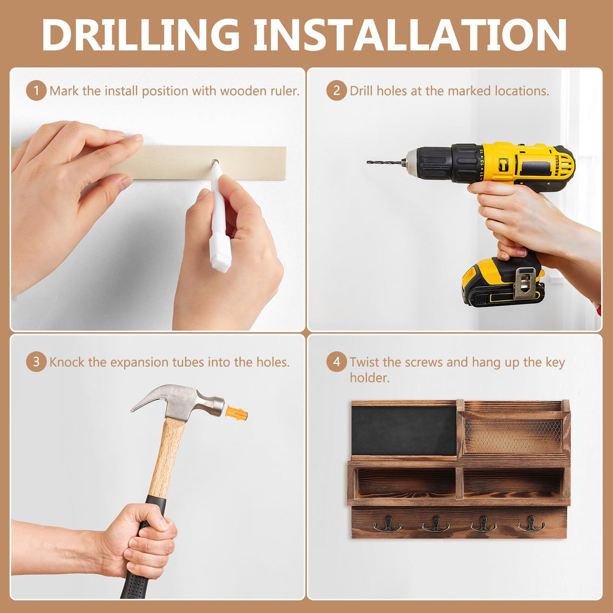 HOMEBROS Key Holder Wall Mount, Wooden Key Mail Holder with Chalkboard Mirror Greeting Cards Mail Key Organizer Storage Key Rack Shelf with 8 Key Hooks for Entryway Hallway Doorway HOMEBROS