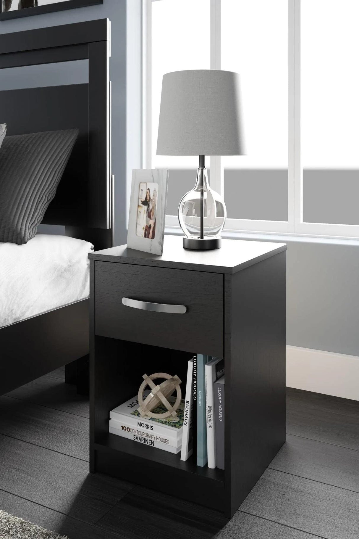 Signature Design by Ashley Finch Modern 1 Drawer Night Stand with Open Cubby, Black Signature Design by Ashley