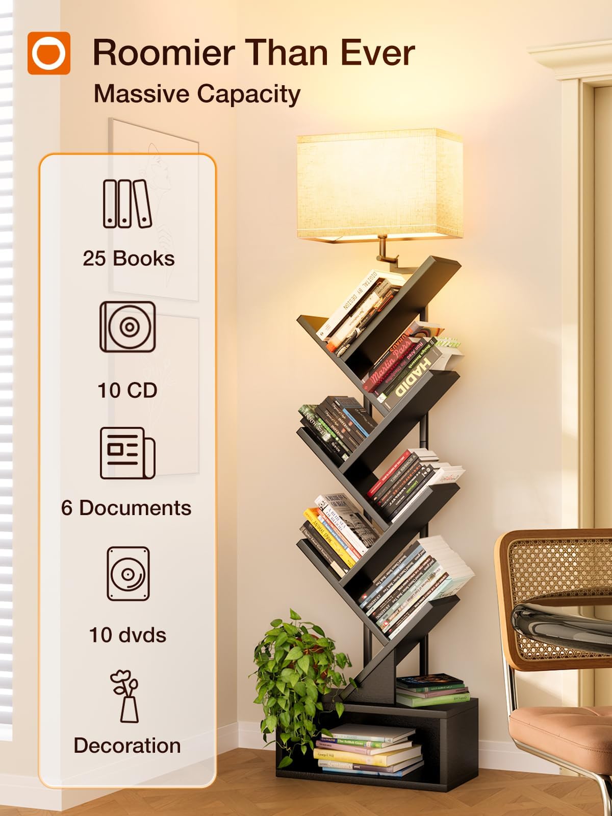 addlon 6-Tier Tree Book Shelf with LED Light, Steel&Wood Bookshelf with Storage Cabinet, Narrow Tall Bookcase with 3CCT Bulb, Small Bookshelf for Bedroom, Home Office&Living Room-Black Oak addlon