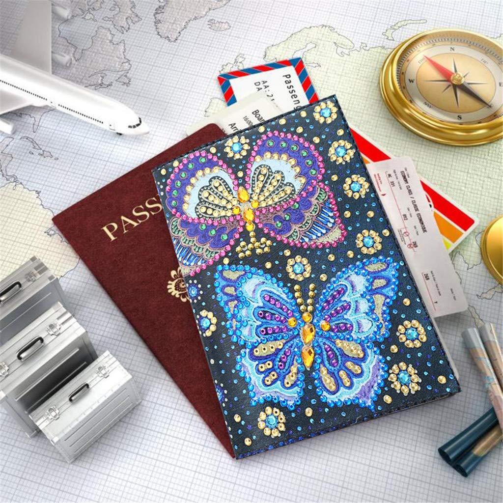2 Pieces Diamond Painting Leather Passport Holder, DIY Special Shaped Crystal Painting Travel Passport Protective Cover for Boarding Pass, ID Card, Driver's License-20X14CM (AA083-AA221) Vocttaiy