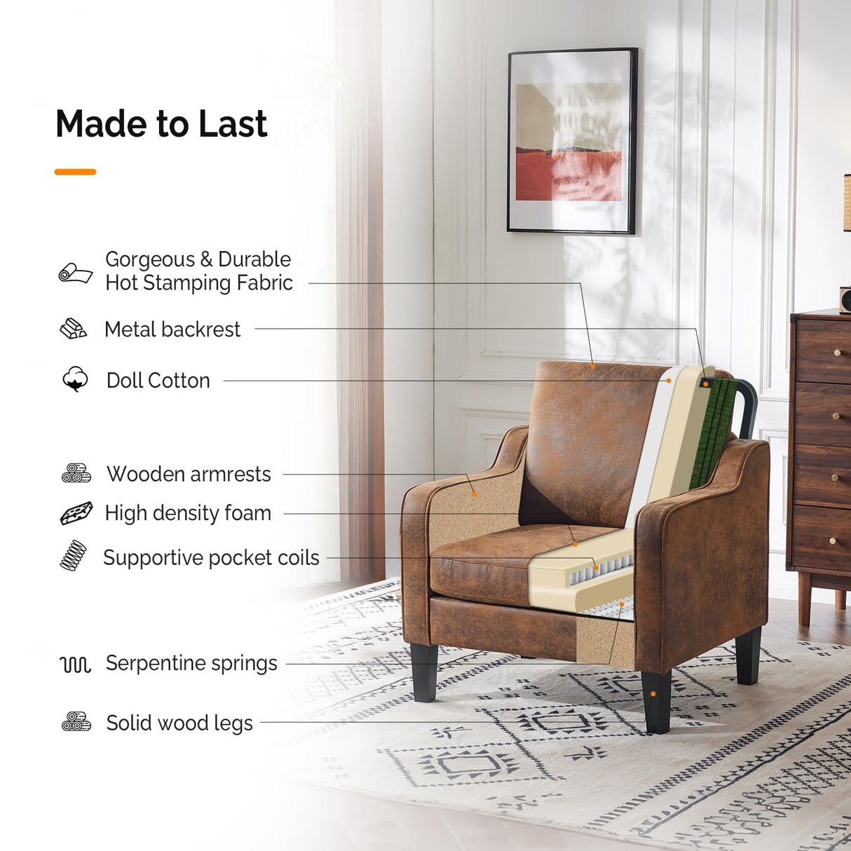 VINGLI Accent Chair for Living Room Chairs Rustic Reading Chair for Bedroom Scooped Arm Chair Mid Century Modern Accent Chairs Upholstered Comfy Chair for Apartment, Waiting Room VINGLI