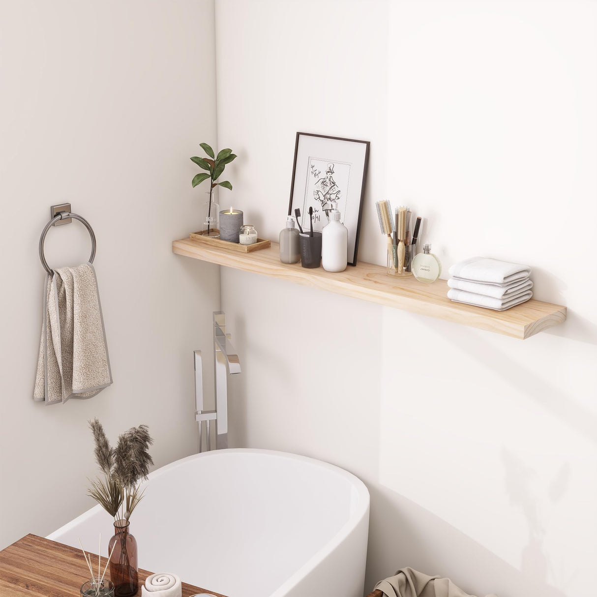 Heimlove Wood Floating Shelves for Wall,Fireplace Mantel Shelves,Rustic Farmhouse Floating Shelves 48 inch,Solid Pine Wood Wall Shelf for Bathroom,Bedroom,Living Room,Kitchen,Office Decor-Natural Heimlove