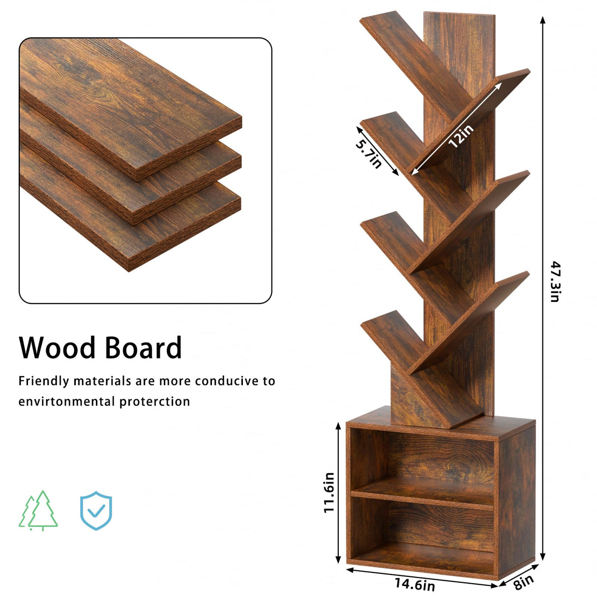 SHEEPAM 10 Tier Tree Bookshelf,Floor Standing Wood Tall Bookcase for Narrow Space, Storage Organizer Bookshelves for Books, Book Case for CDs/Movies/Books,Home Office,Living Room, Bedroom SHEEPAM