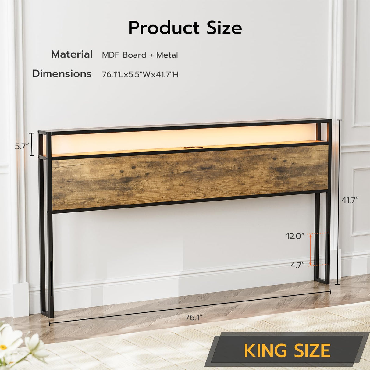 KZNGK King Size LED Headboard with Charging Station and Industrial Storage Design KZNGK
