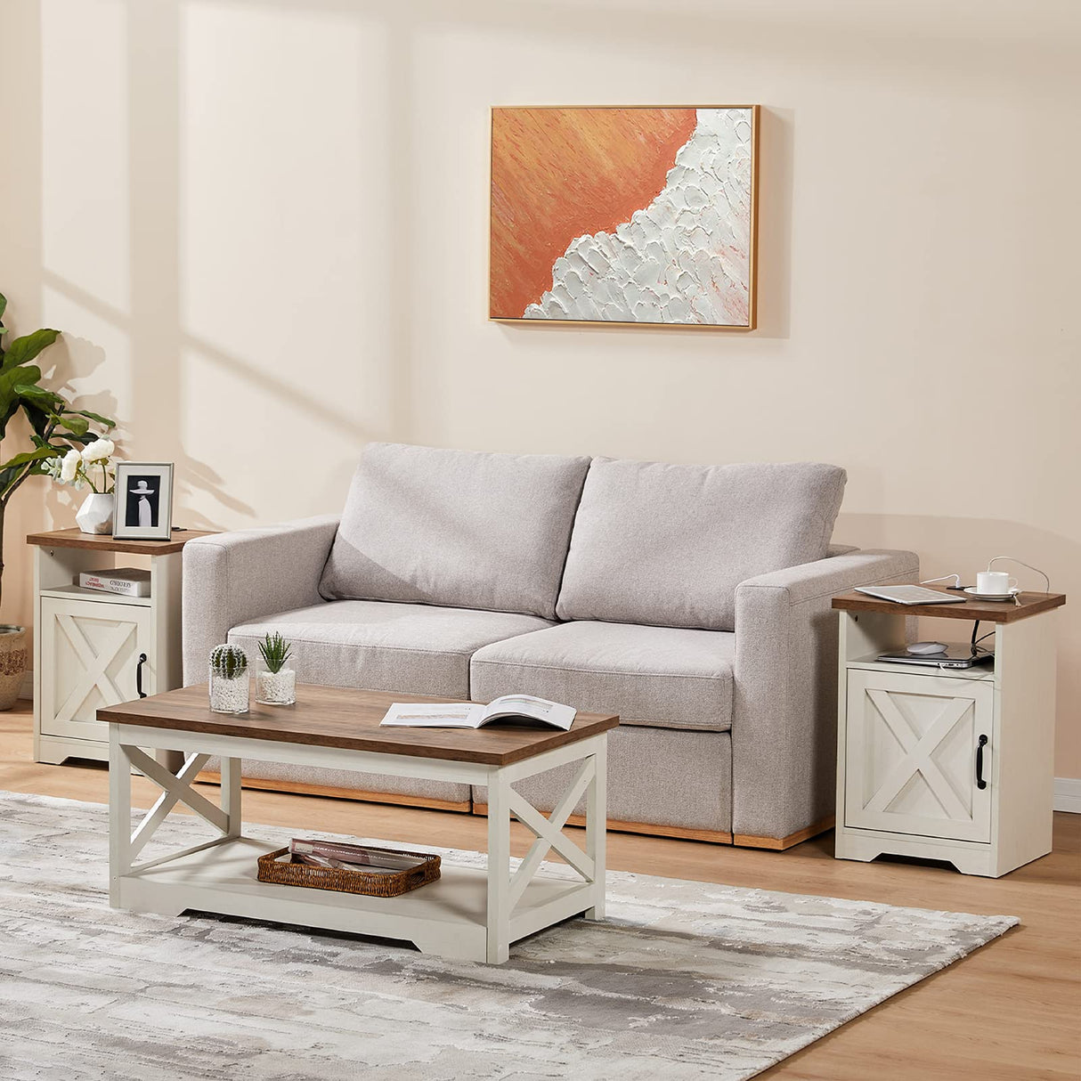 AMERLIFE 3-Piece Farmhouse Table Set Includes Coffee Table& Two End Tables, Side Table with Charging Station and USB Ports, for Living Room, Bedroom, Distressed White AMERLIFE