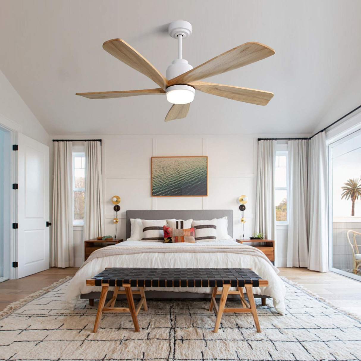 POPFAN 52 Inch Modern Ceiling Fan With Dimmable LED Light 5 Solid Wood Blades Smart Remote Control Reversible DC Motor for Bedroom, Living Room, White (White & Woodgrain) POPFAN