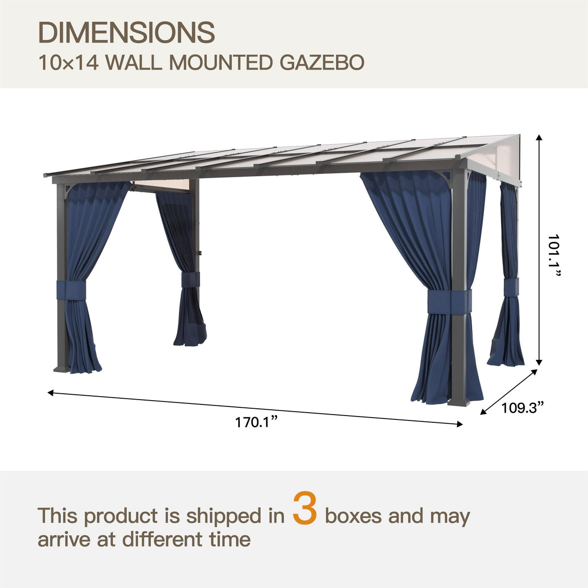 Trumbeak 10’ x 14’ Gazebo for Patio,Wall Mounted Gazebo with Sloping Polycarbonate Roof,Outdoor Gazebo w/Netting & Curtain,Aluminum Frame Hardtop Gazebo for Garden,Deck,Backyard,NavyBlue Trumbeak