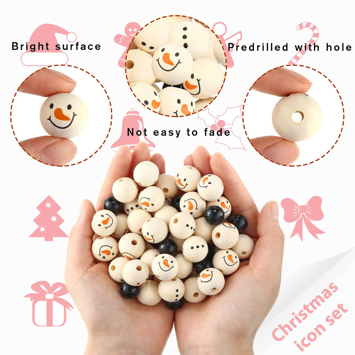 Queekay 160 Pcs Christmas Wooden Beads Snowman Wood Polished Rustic Farmhouse Craft with 32.8 Feet Rope for Xmas DIY Craft Supplies Wooden Beads for Gifts(Bead Style,Black and Wood) Queekay