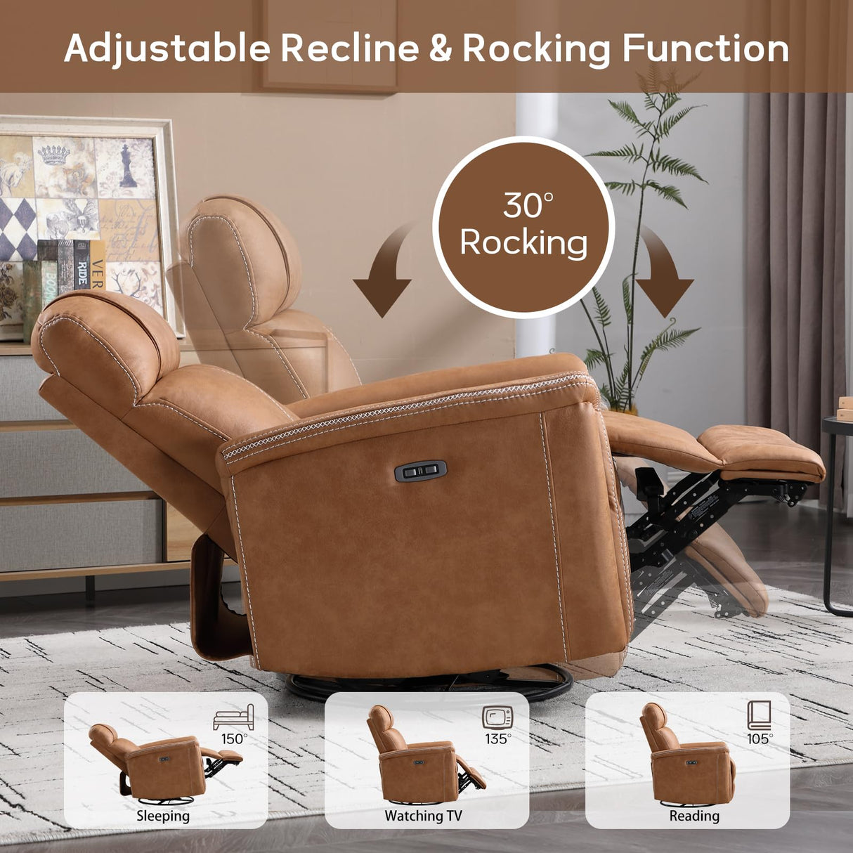 CANMOV Faux Leather Power Swivel Rocker Recliner,Glider Recliner for Nursery,Electric Swivel Rocker with USB Port,Upholstered Nursery Glider Reclining Sofa for Living Room,Brown CANMOV