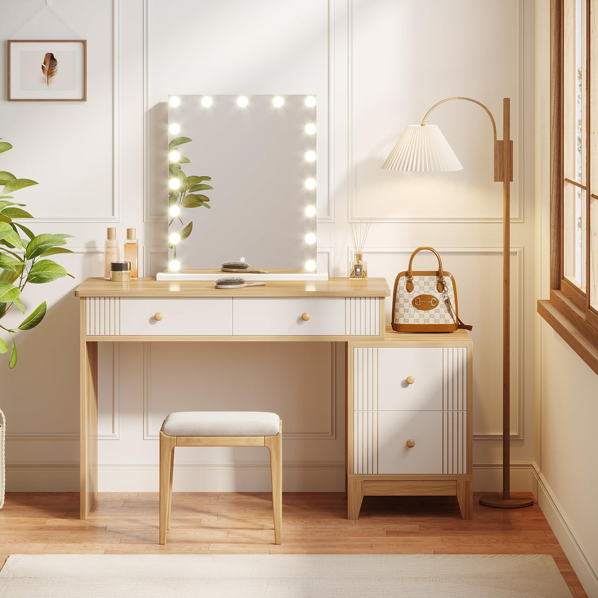 Tribesigns Vanity Desk with 4 Large Drawers, 51-Inch Makeup Vanity Table for Women Girls, Modern Dressing Table Set for Makeup Room, Bedroom (Light Walnut, Without Mirror & Stool) Tribesigns