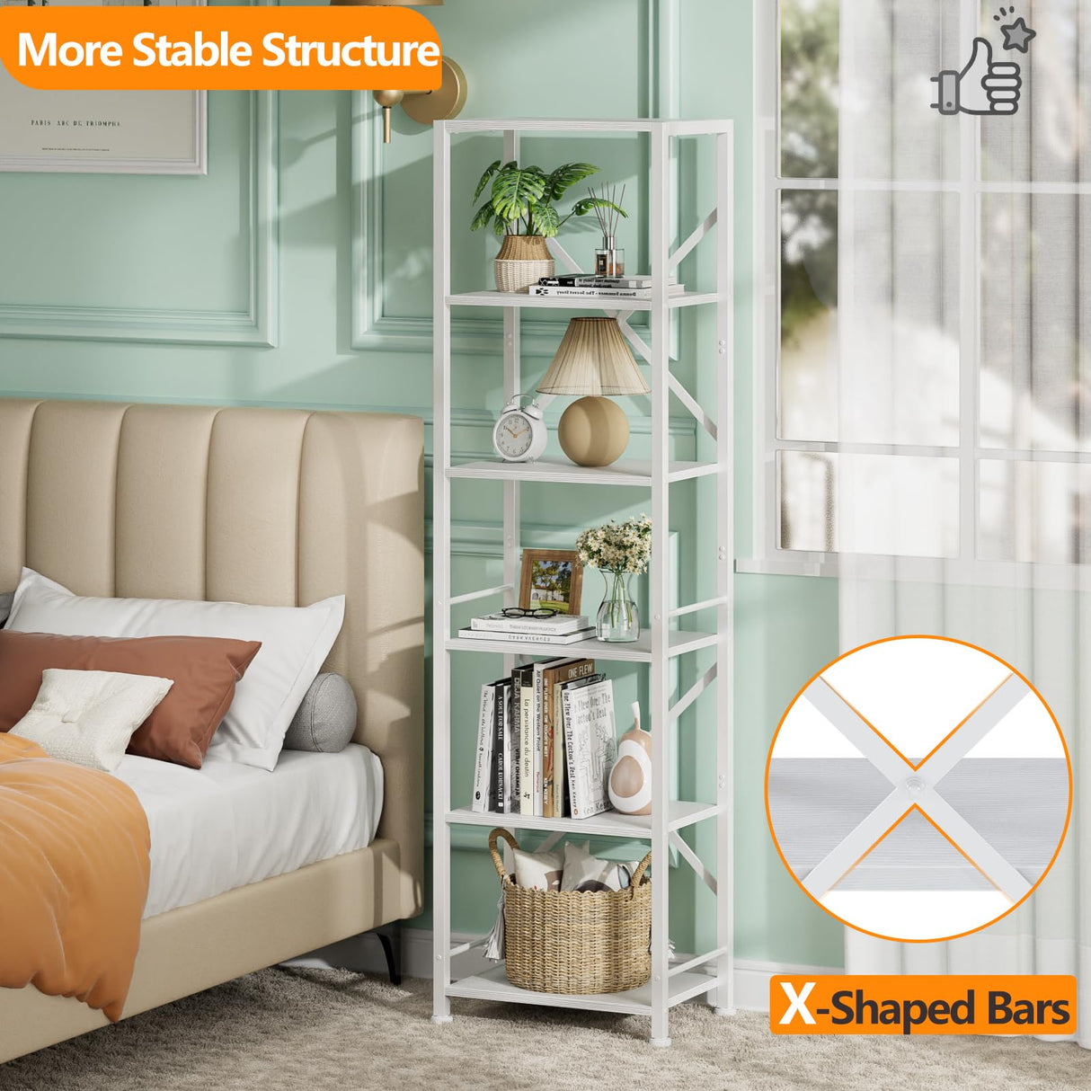 Furologee White Tall Bookshelf, Narrow Bookcase with 6 Shelves, Modern Freestanding Shelf Units, Metal and Wood Display Storage Corner Rack Organizer for Living Room, Home Office, Hallway, Bathroom Furologee