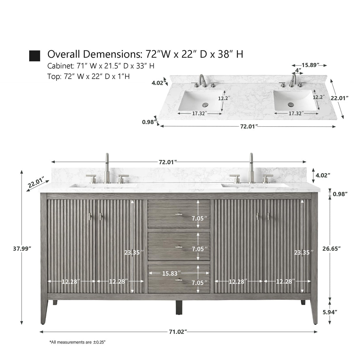 HOMEBEYOND 72" Bathroom Vanity with Double Sink, Solid Wood Bathroom Vanity Free-Standing Cabinet, Ceramic Top & Soft Closing Door, Golden Brushed Handware, Driftwood Gray HOMEBEYOND