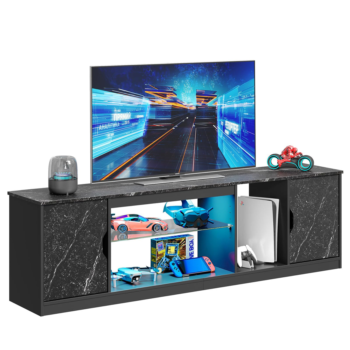 Bestier TV Stand for 65/70/75/80 inch TV, 70 inch LED Entertainment Center with Storage for PS5 Xbox, Modern TV Console Table for Living Room Bedroom, Adjustable Glass Shelf, Black Marble Bestier