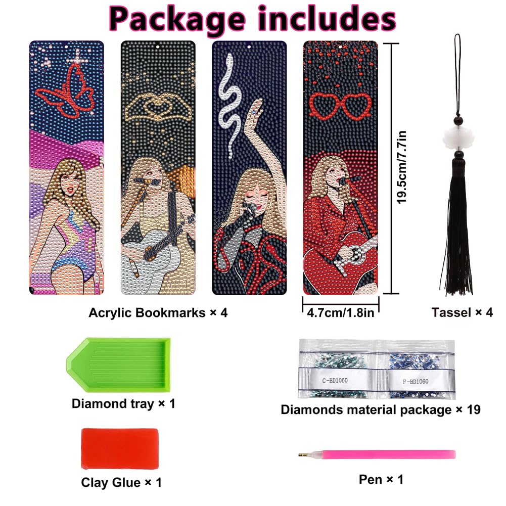 Nikolle Diamond Art Bookmarks, 4 Pcs Acrylic Bookmarks for Book Lovers, DlY Cartoon Diamond Painting Bookmark Kits for Adults, Taylor Gifts for Women Nikolle