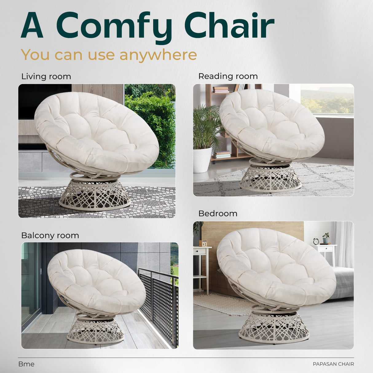 Bme 40" Ergonomic Wicker Papasan Chair with Soft Thick Density Fabric Cushion, High Capacity Steel Frame, 360 Degree Swivel for Living, Bedroom, Reading Room, Lounge Bme