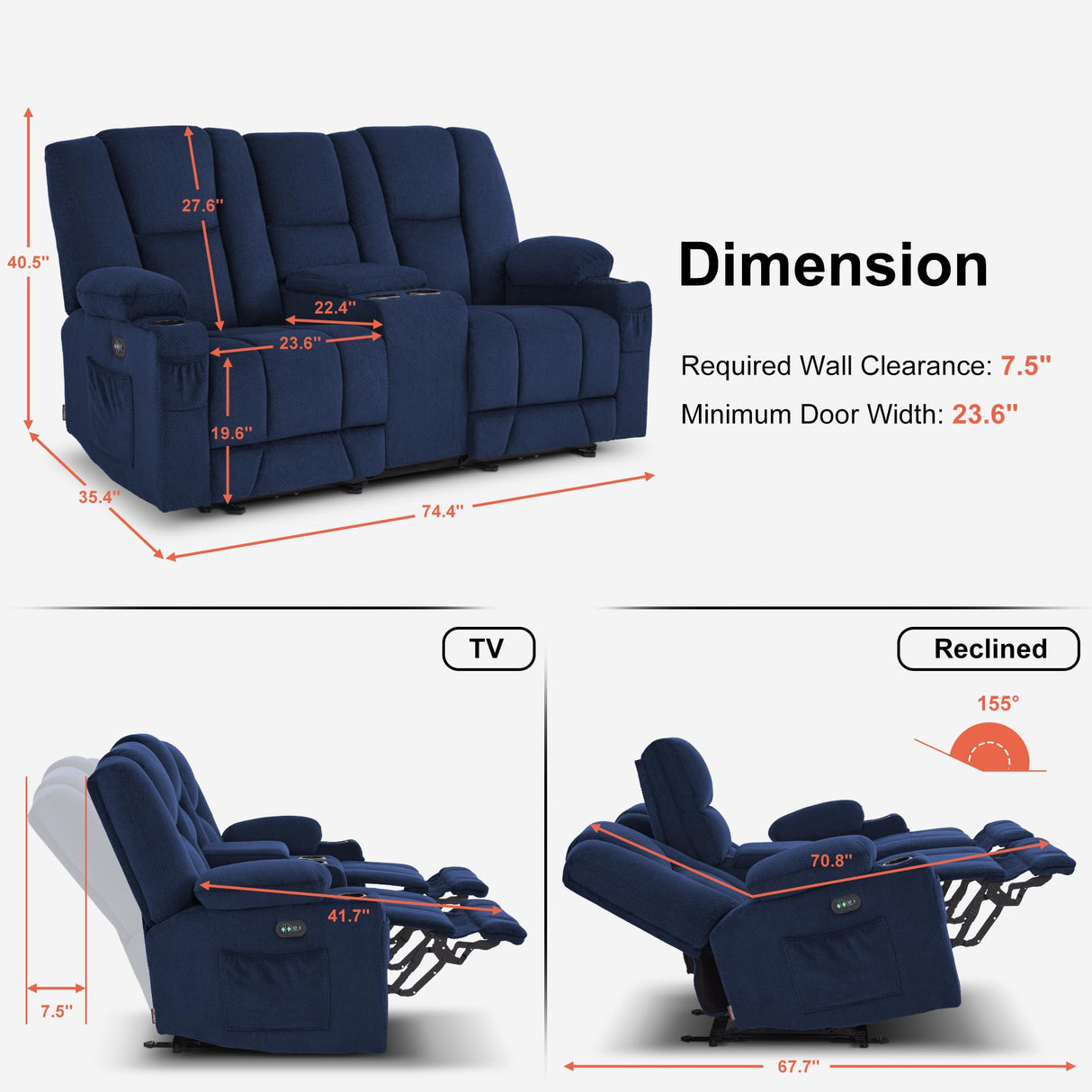 MCombo 74.4" Zero Gravity Power Loveseat Recliner with Console, Heat and Vibration Massage, Reclining Loveseat Sofa with USB Ports, Cup Holders for Living Room, Fabric 6035SET (Navy Blue) MCombo