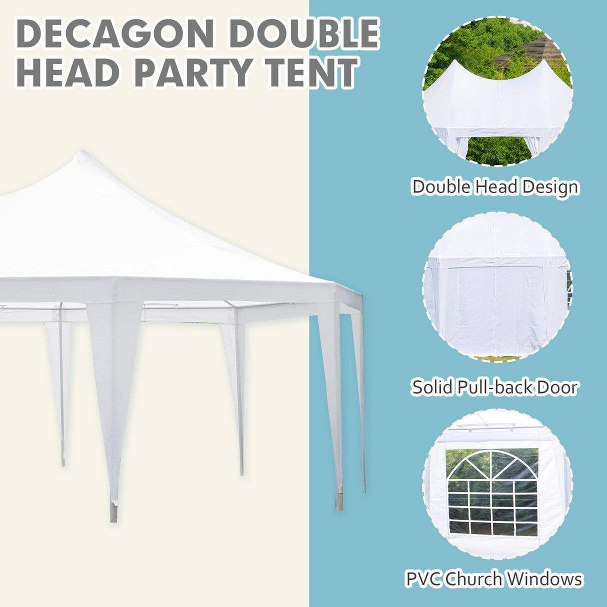 EROMMY 26x19ft Party Tent, White Wedding Tent, Decagonal Heavy Duty Canopy with 8 Removable Sidewalls, 8 Church Windows and 2 Pull-Back Doors, Outdoor Gazebo Pavilion Shelter Tent for Party, Event EROMMY