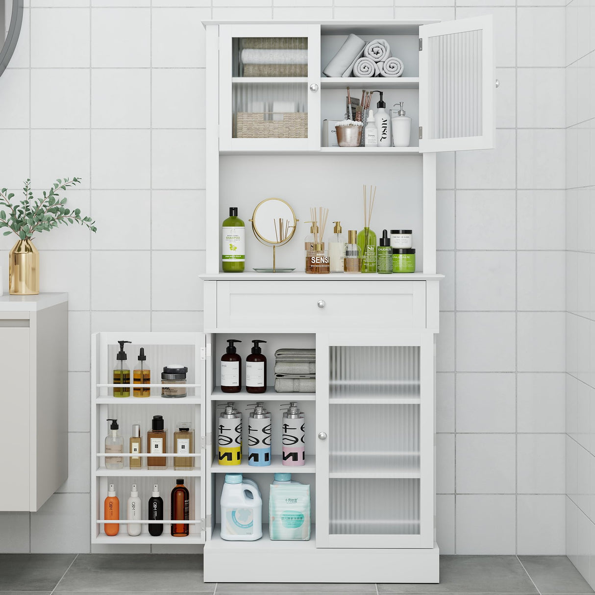 Kitchen Pantry Storage Cabinet with Drawers, 4 Doors and 3 Shelves, 70" Tall Narrow Coffee Bar Station w/Glass Hutch, Microwave Countertop, Food Organizers, Bathroom Cabinet for Small Space, White GlouMod