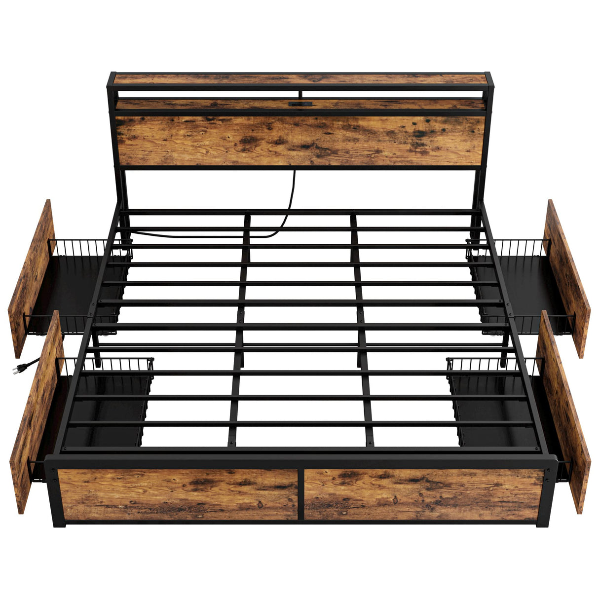 Stunning LIKIMIO King Bed Frame with Storage Drawer & Charging Headboard in Vintage Brown LIKIMIO