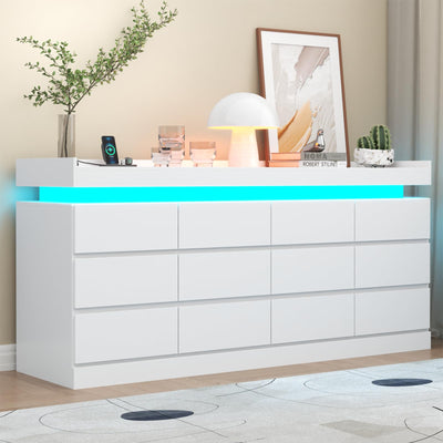 Gyfimoie 12 Drawer Dresser with Power Outlet, Dresser with LED Light, Modern Chest of Drawers for Closet, Double Wide Drawer Organizer Cabinet for Bedroom, Living Room (White, 12 Drawers)