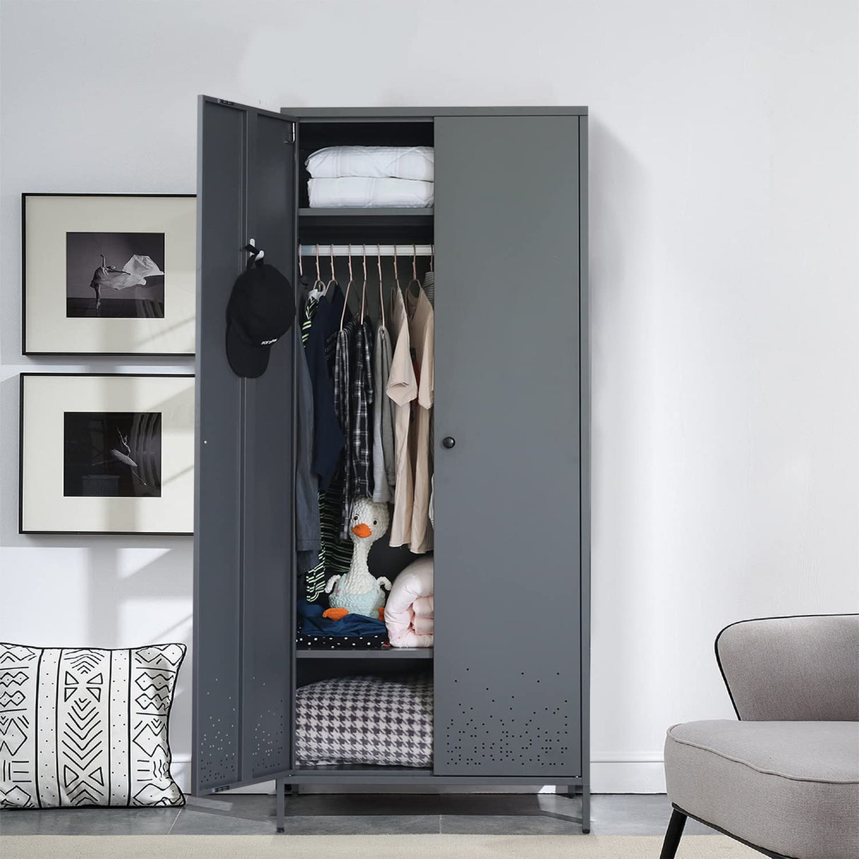 Metal Storage Cabinet with Hanging Rod, Wardrobe Armoire Closet for Bedroom, Laundry Room CJF