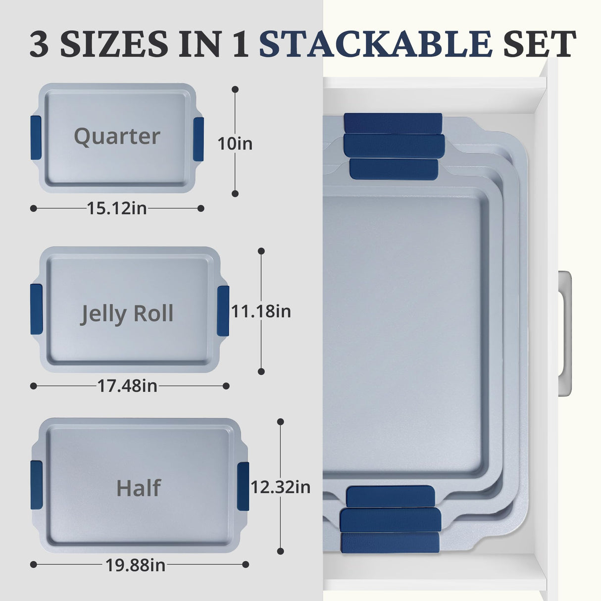 BRONYPRO Non Stick Ceramic Baking Sheet Pan Set of 3, Natural Non Toxic Cookie Sheets for Baking - PFOA, PTFE Free, Heavy Duty Aluminized Steel Oven Trays for Cooking with Silicone Handles, Navy BRONYPRO