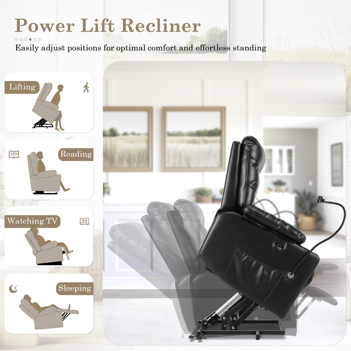 Homdox Power Lift Recliner Chair for Elderly, Electric Lift Chair with Assist Function and Heated Vibration Massage, Heavy Duty Remote Control Reclining Sofa with Phone Holder for Living Room (Black) Homdox