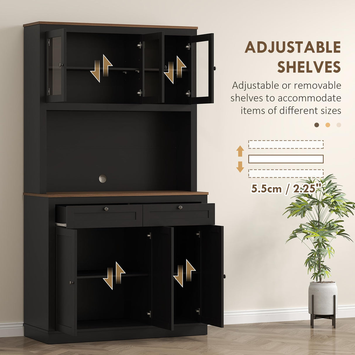 HOMCOM 71" Tall Pantry Cabinet with Microwave Stand, Freestanding Kitchen Hutch with 2 Drawers, Bar Cabinet with Adjustable Shelves, Glass and Recessed Doors for Kitchen, Dining Room, Black HOMCOM