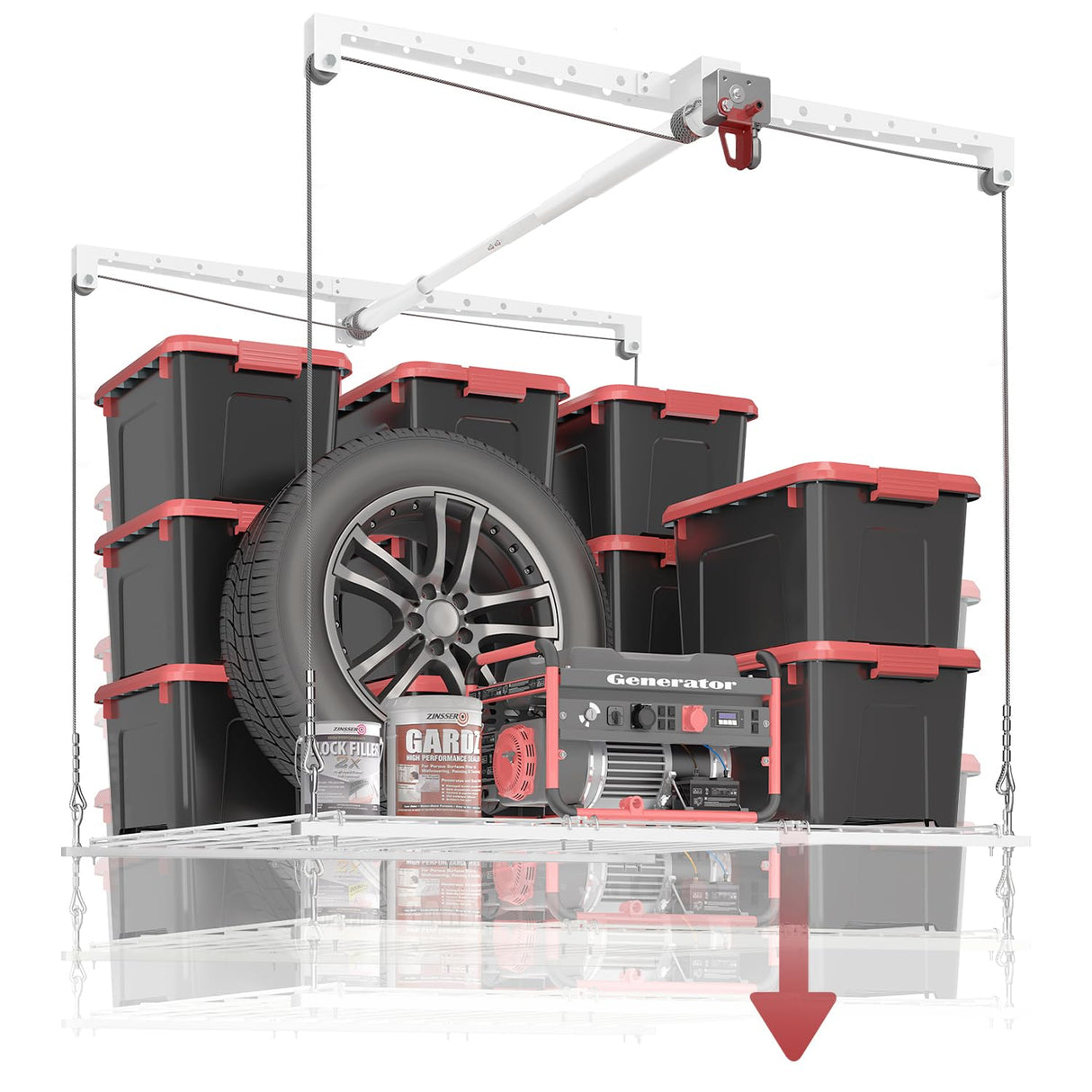 KOKORACKER Overhead Garage Storage Rack, Adjustable Heavy-duty 4x4 Ft Ceiling Storage Racks with Safety Lock, Ideal for Garage Storage Lifting Organization System, 250lbs Capacity, White KOKORACKER