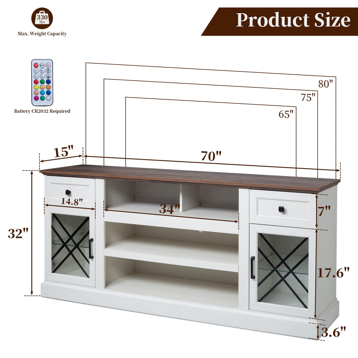 ENOUSHU 70 inch Farmhouse TV Stand Table for 75 80 inch TV, Modern Entertainment Center with LED Lights and Glass Doors, Wooden White tv Stands for Living Room ENOUSHU