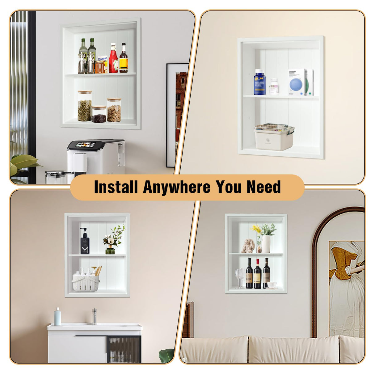 Nalwort 14" x 18" Recessed Medicine Cabinet, 2-Tier Wall Niche for Bathroom, Bedroom, Living Room, Kitchen, White, Solid Wood Wall Medicine Cabinet Nalwort