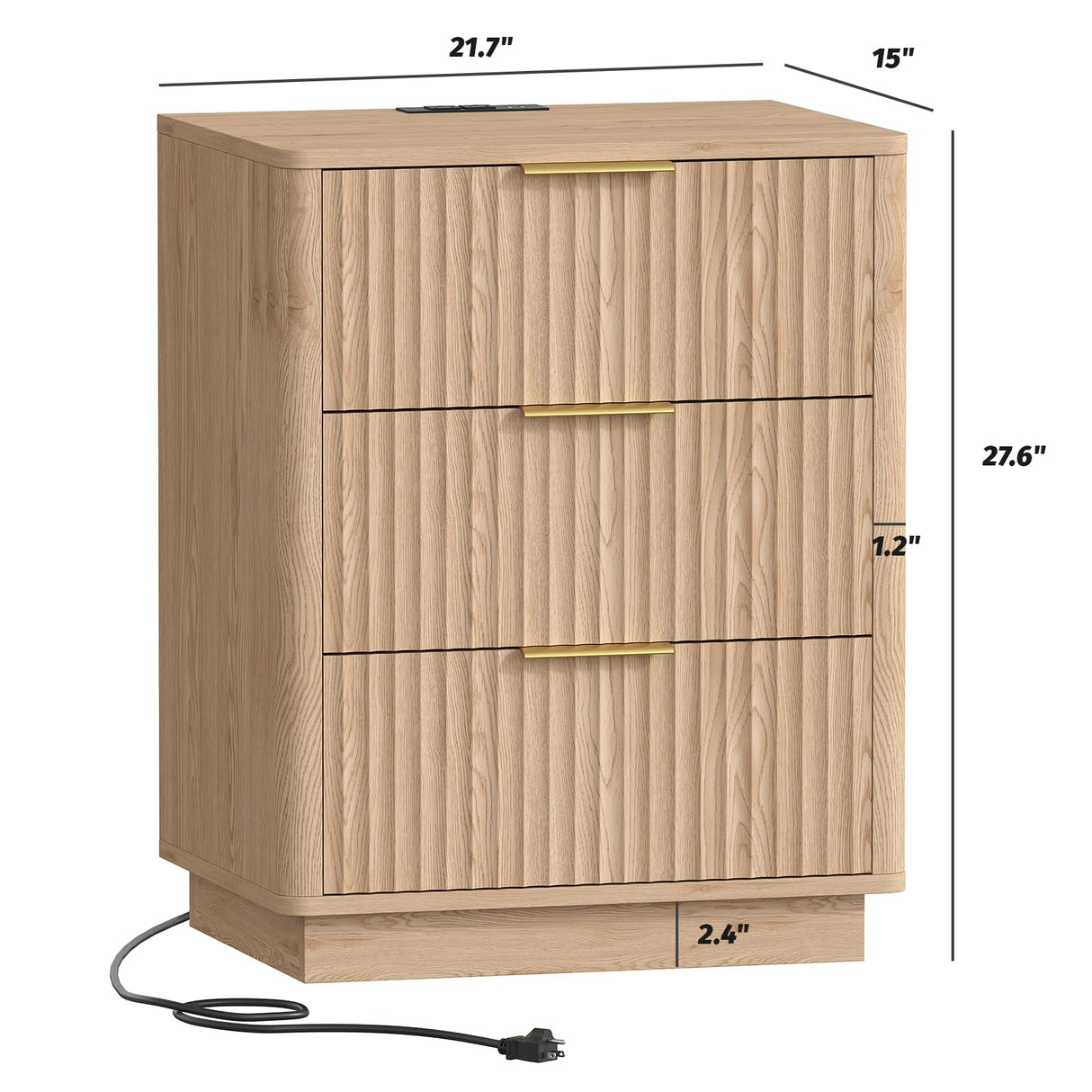 Rovaurx 21.7" Wide Fluted Nightstand with Charging Station, Mid Century Bedside Table with 3 Drawers, Oversized End Table for Bedroom, Curved Profile Design, Natural RCTG115ME Rovaurx
