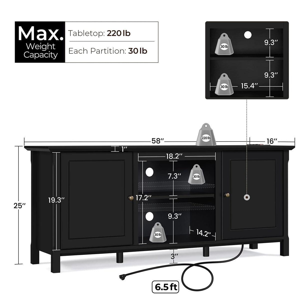 Yaheetech Black TV Stand with Power Outlet for TVs up to 65 in, Modern Media Entertainment Center with Doors & Storage Shelf, Wooden TV Console with 6 Robust Legs for Living Room Yaheetech