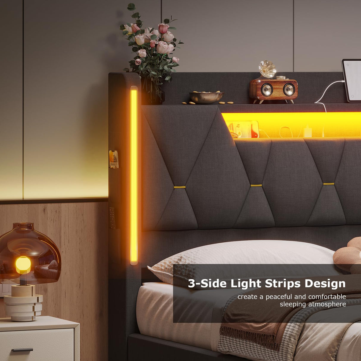 busyaeh Queen Bed Frame with Storage Headboard, Metal Bed Frame with LED Lights & Charging Station, Upholstered Queen Bed with Marshmallow Headboard, No Box Spring Needed, Easy Assembly,Dark Gray busyaeh