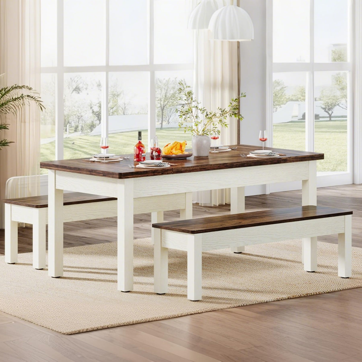 Tribesigns Farmhouse Kitchen Table Set for 4-6, 55-Inch Wooden Dining Table with 2 Benches, Space Saving 3 Pieces Heavy Duty Dinette for Dining Room, Kitchen, Small Space Tribesigns