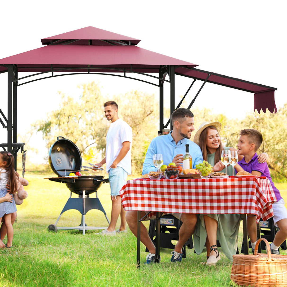 5 * 8FT Outdoor BBQ Grill Patio Canopy with Extra Shadow&Dual Side Awnings, Double Tiered BBQ Gazebo with 2 Side Shelves, Heavy-Duty Steel Frame, LED Light,fit for Barbecue and Picnic (Claret) Knowfunn