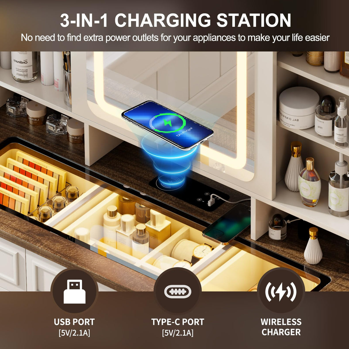 MDGC 60" W Farmhouse Makeup Vanity Desk with Sliding Mirror and Lights, Charging Glass Top Large Vanity Table with Jewelry Storage,Vanity Set with 6 Drawers,10 Shelves,Side Storage Cabinet,White MDGC