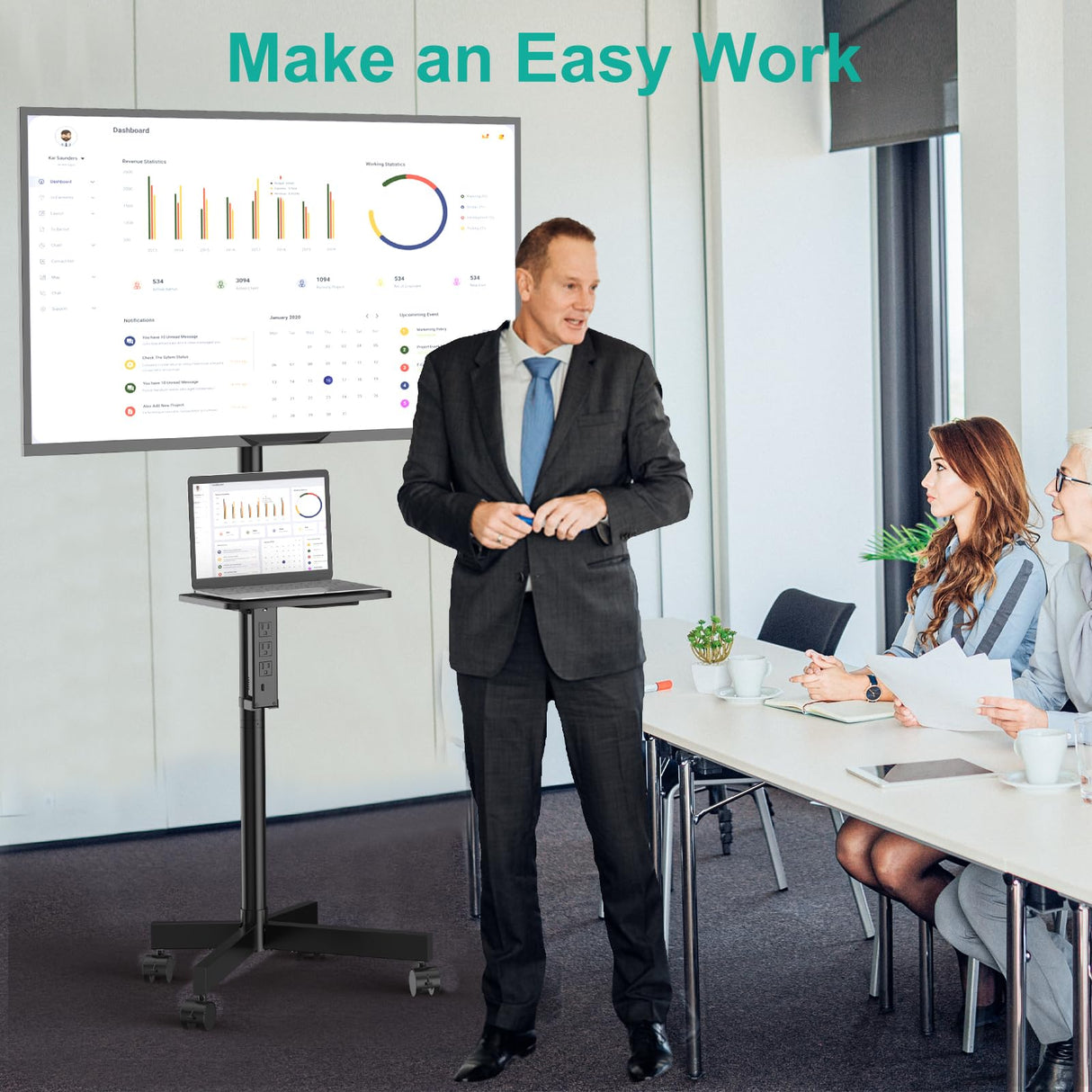 WALI Mobile TV Stand with Power Outlet, TV Cart for 23-65 inch TVs up to 88lbs, Portable Rolling TV Stand on Wheels with Height Adjustable and Tilt 20°, Max VESA 400x400mm (AVC001-P), Black WALI