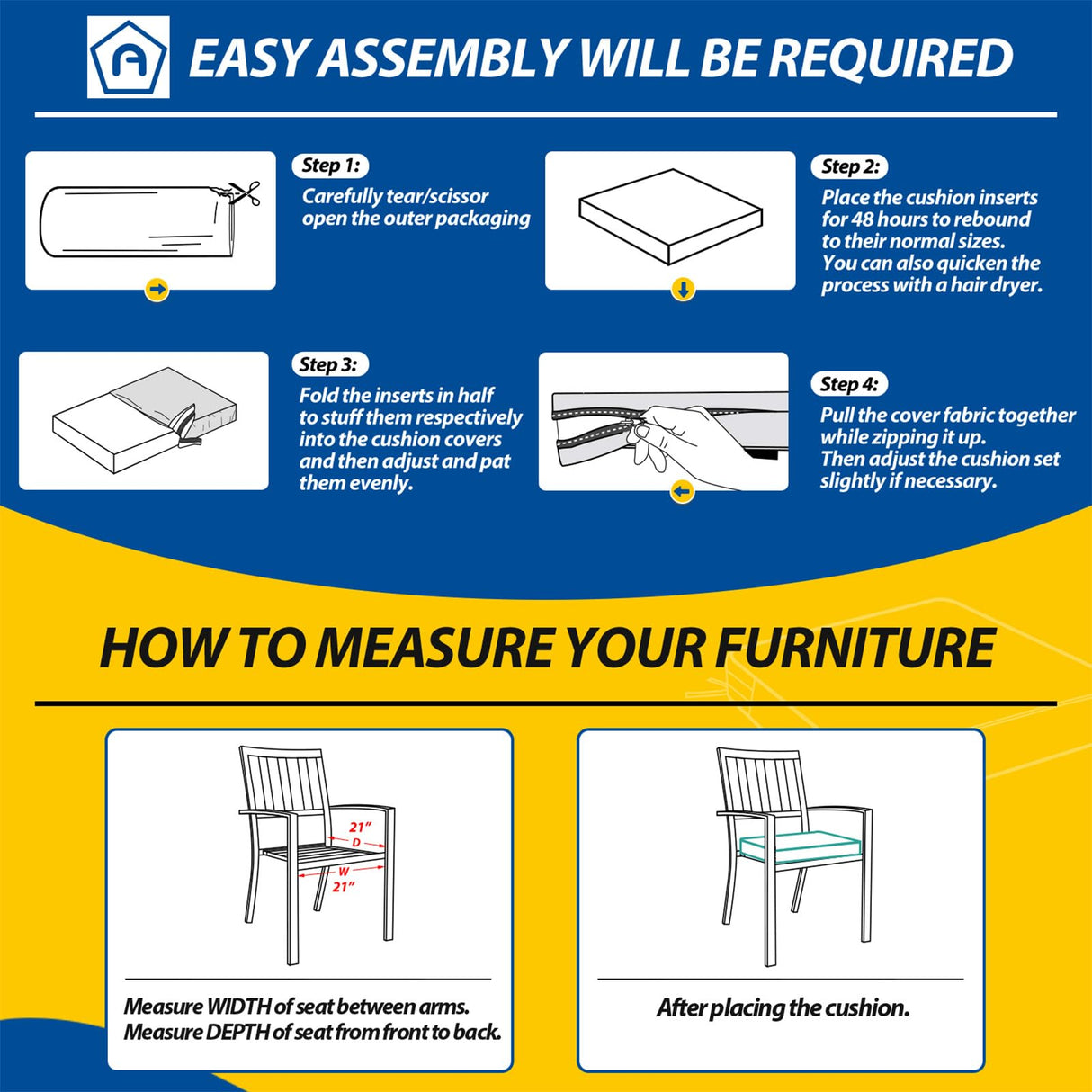 AAAAAcessories Outdoor Seat Cushions for Patio Furniture, Waterproof Replacement Patio Chair Cushions, Set of 2, 21 x 21 x 4 Inch, Navy Blue AAAAAcessories