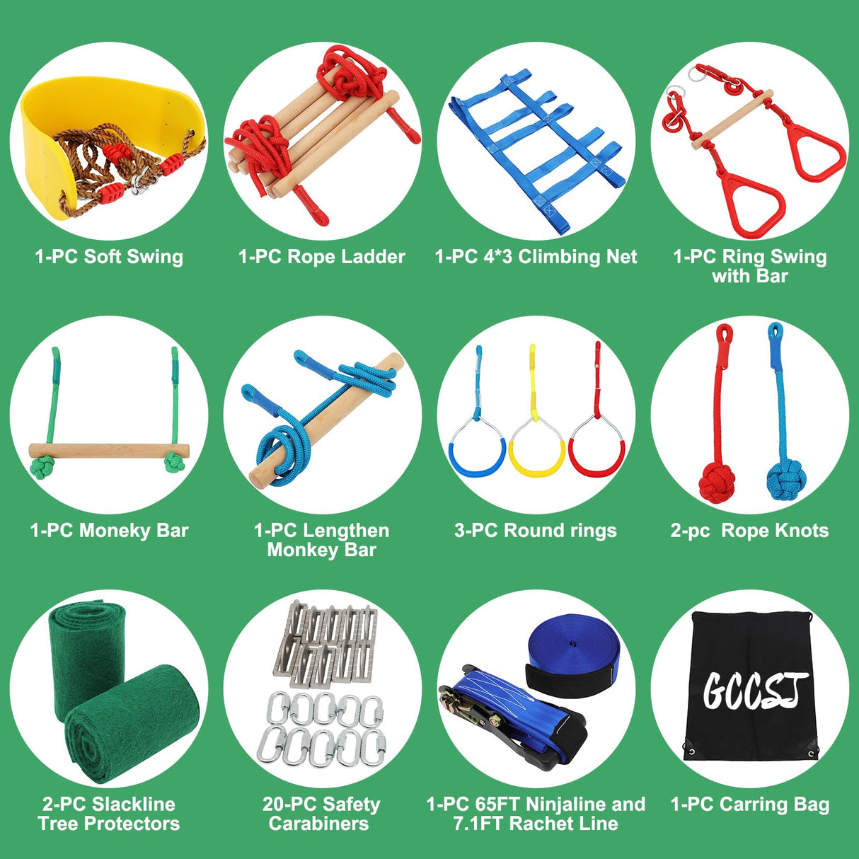 65FT Ninja Warrior Obstacle Course for Kids with 12 Obstacle Course Accessories-Swings, Monkey Bars, Arm Trainers and More, Suitable for Boys and Girls Over 3 Years Old-440 lbs Weight Capacit GCCSJ