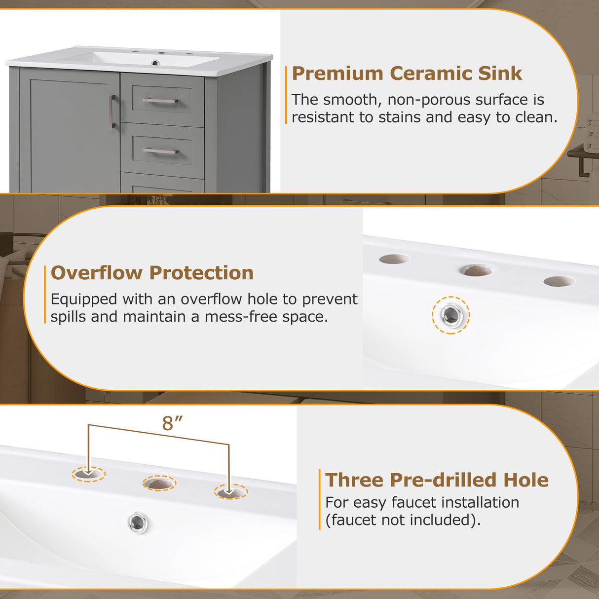 Mirightone 30" Bathroom Vanity with Sink, Bathroom Vanities 30 Inch with Sink, 30" Vanity with Sink for Bathroom, Soft Close Door, 3 Soft Close Drawers and Removable Tray (Grey) Mirightone