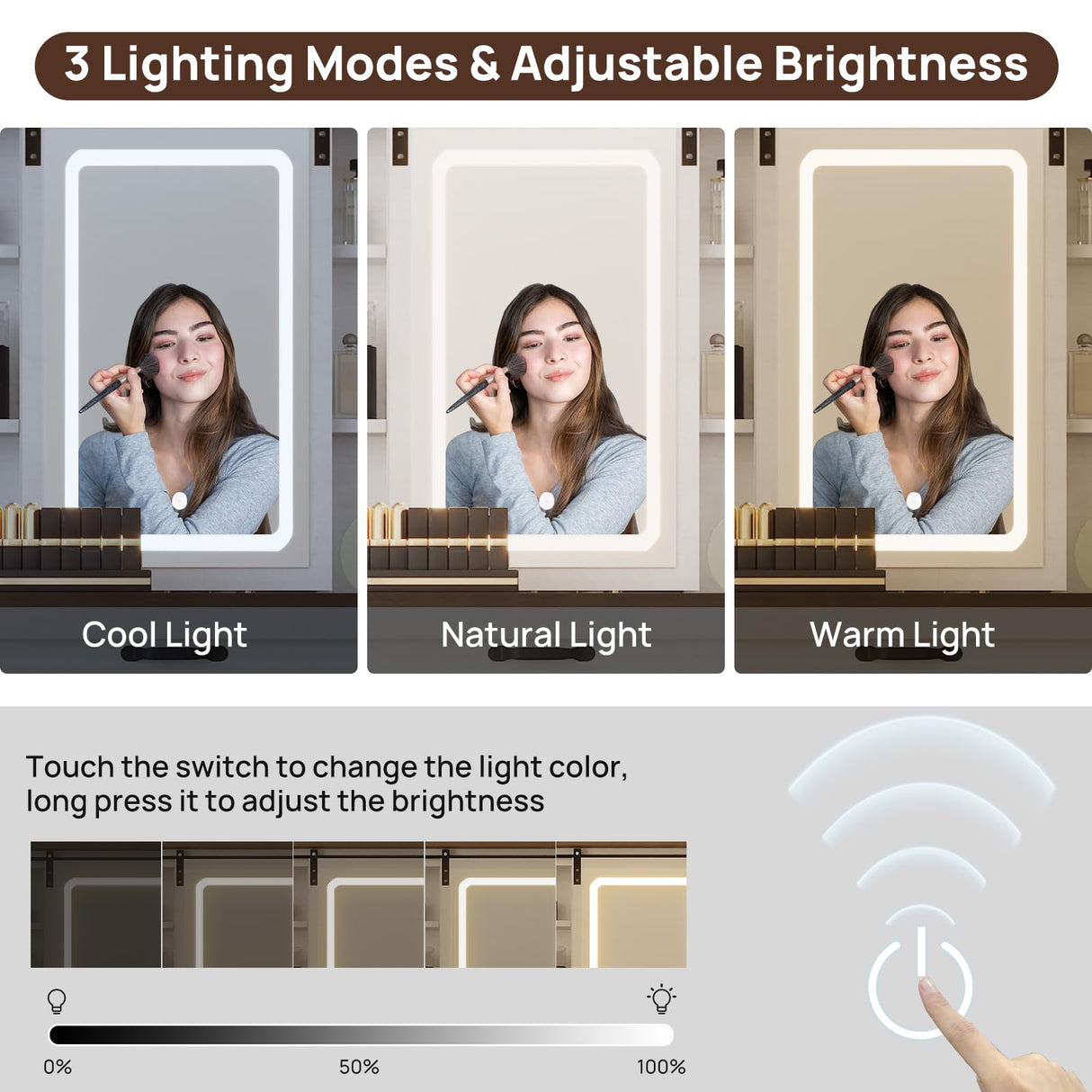 43" Farmhouse Makeup Vanity Desk with Lights and Chair, Vanity Table with Sliding Mirror and Power Strips, 3 Drawers & 2 Cabinets, Open & Hidden Shelves, Stool Included, White Dressing Table amzzar