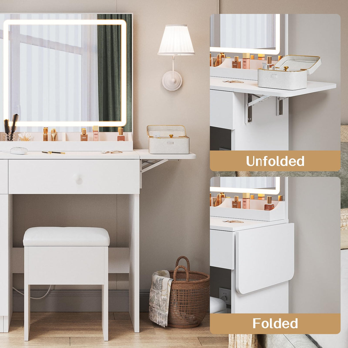 Haewon Makeup Vanity Desk with Mirror and Lights, White Vanity Table with Power Outlet and 3 Lighting Modes, Dressing Table Set with Cabinet Drawers Shelves and Storage Stool for Bedroom Haewon