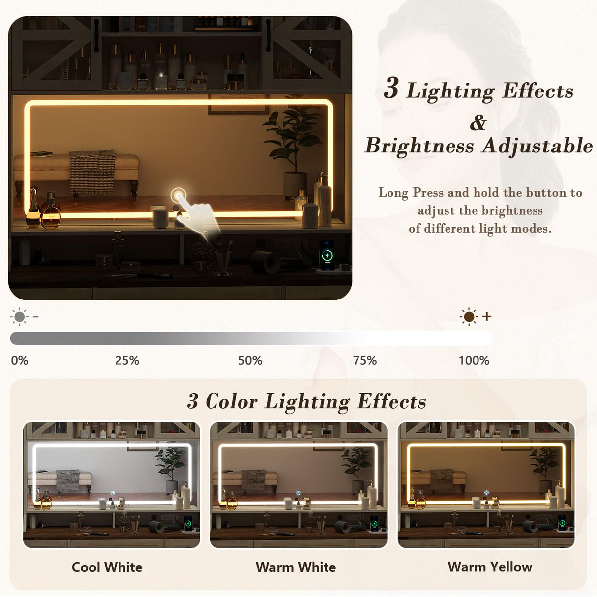 75.2" Farmhouse Vanity Desk with Mirror and Lights, Makeup Vanity Table with 5 Drawers & 2 Sliding RGB Door & Power Outlet, 3 Color Lighting Modes, Big Vanity for Bedroom, Antique White CSZZD