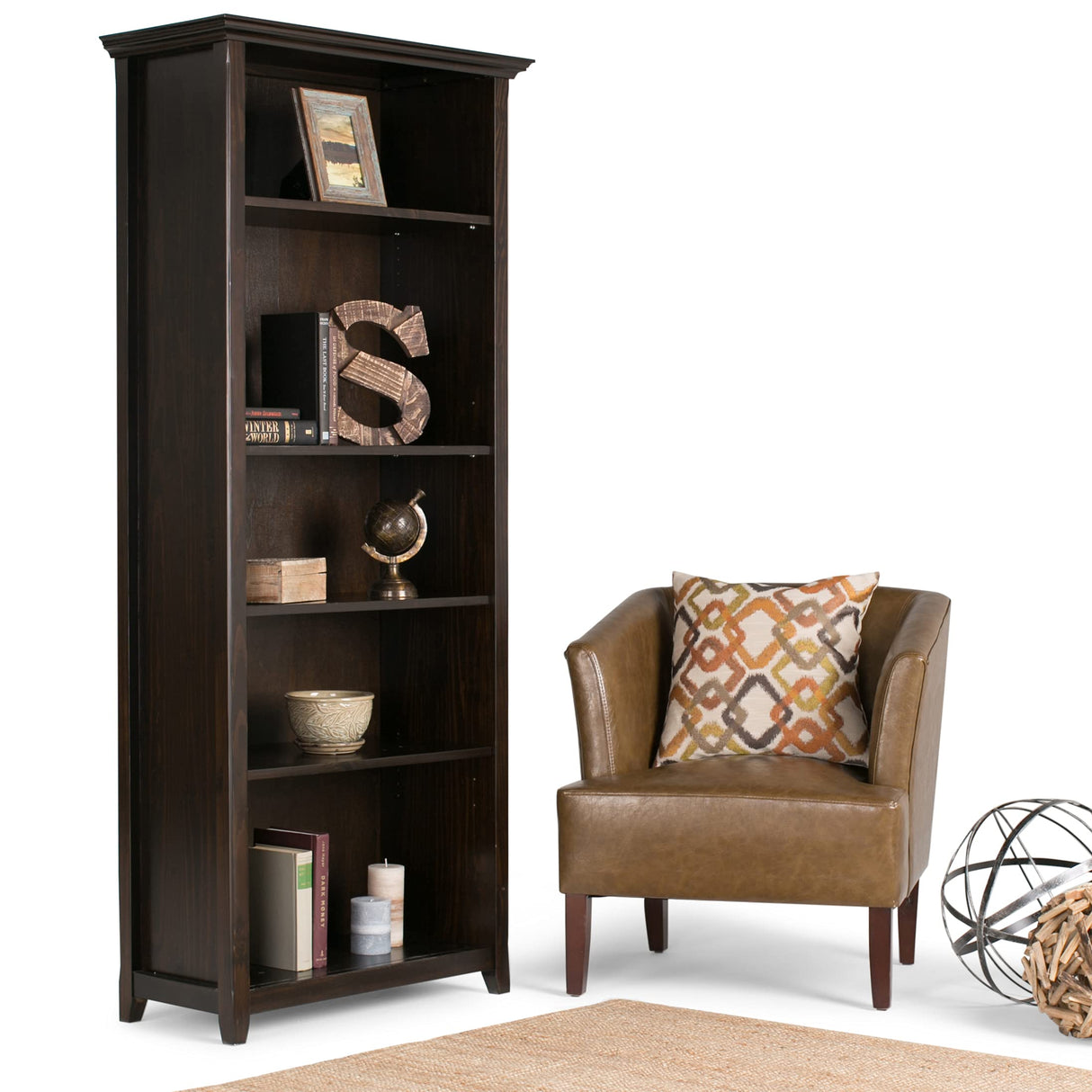 SIMPLIHOME Amherst SOLID WOOD 30 Inch Transitional 5 Shelf Bookcase in Hickory Brown, For the Living Room, Study Room and Office SIMPLIHOME