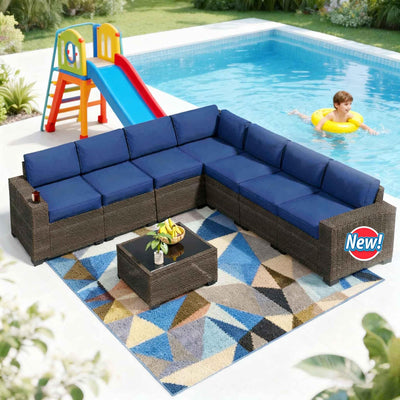 8pcs Patio Outdoor Furniture Set, Waterproof Wicker Sectional Couch Outdoor Big Sofa with Thick Cushions, All-Weather PE Rattan 8 Pieces Patio Conversation Sets for Porch,Backyard,Garden