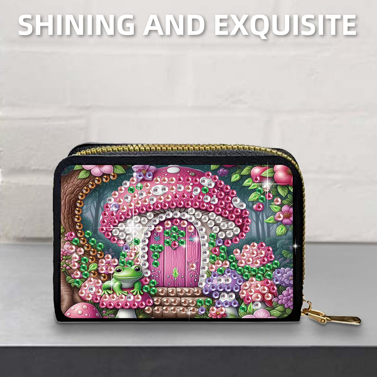 C'eitura 2PCS Tree House Gnome Diamond Art Painting Card Holder & Change Purse Set, Enchanted Forest RFID Blocking Wallet, Fairy Tale Compact Organizer with Zipper for Gnome Lovers C'eitura