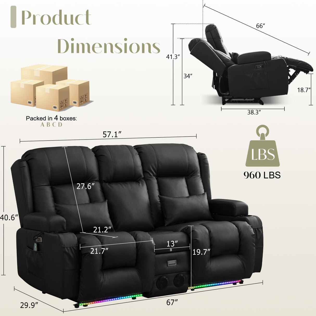 TUNYI Power Loveseat Recliner Sofa, Faux Leather Reclining Sofa with Console RV Reclining Loveseat Couch with USB/Outlet/Storage/Side Pocket/LED Light/Speaker (Black, Loveseat) TUNYI